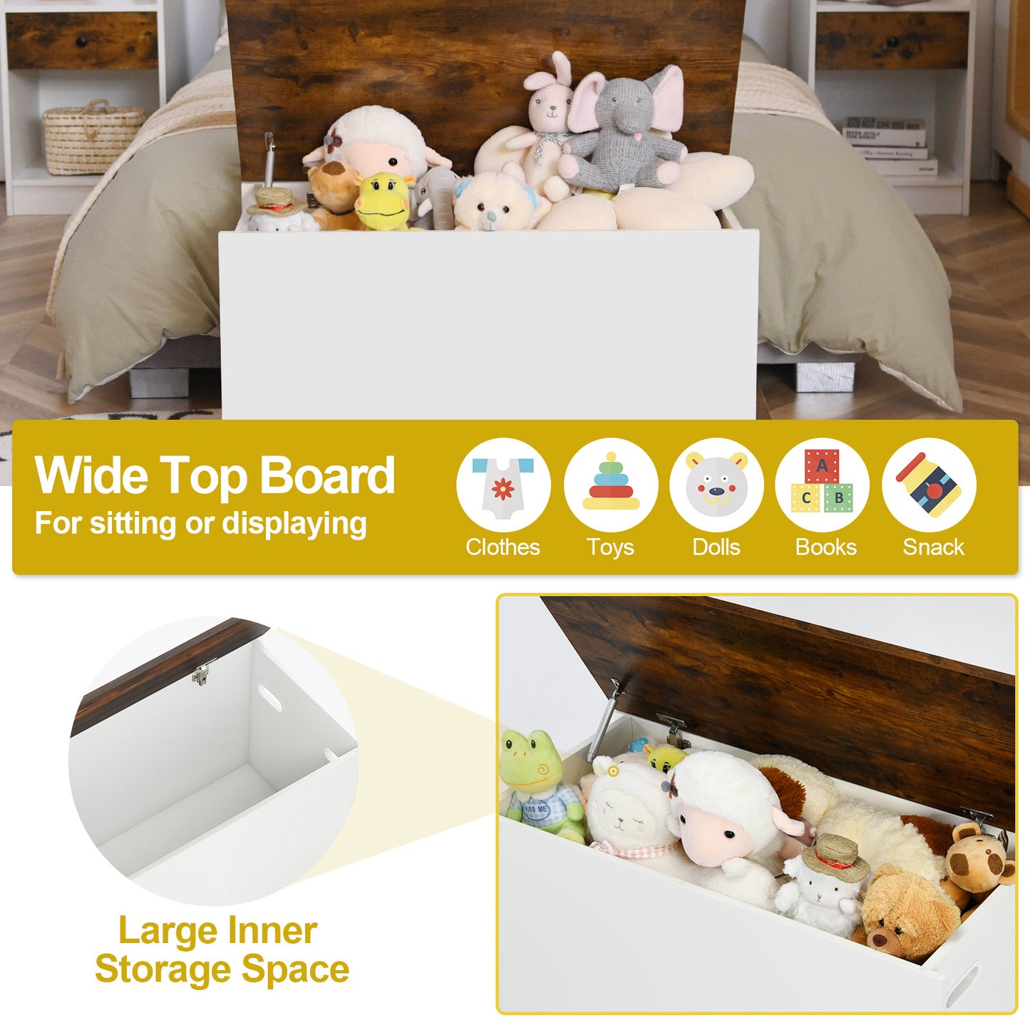 Flip-top Storage Chest with Self-hold Cover and Pneumatic Rod-White Kids Crystal