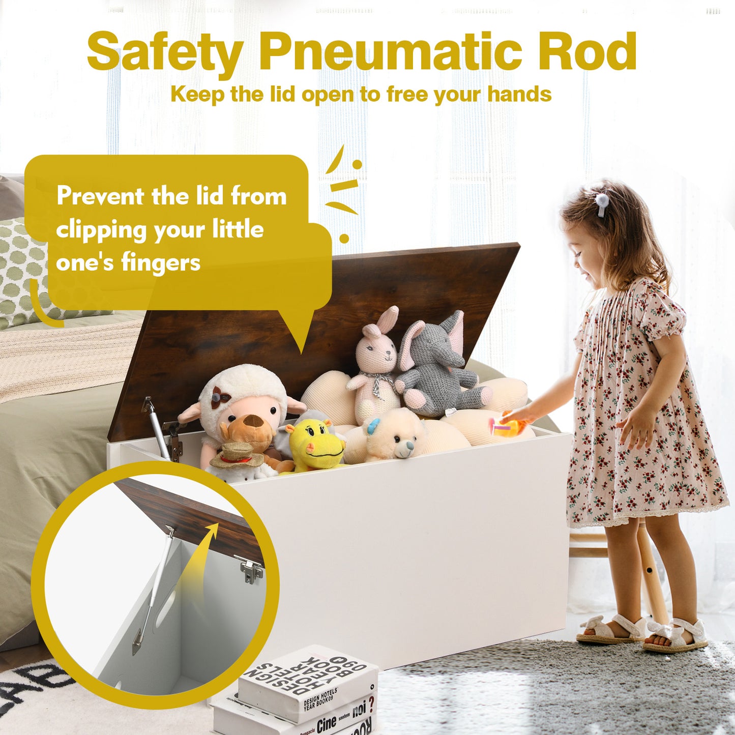 Flip-top Storage Chest with Self-hold Cover and Pneumatic Rod-White Kids Crystal