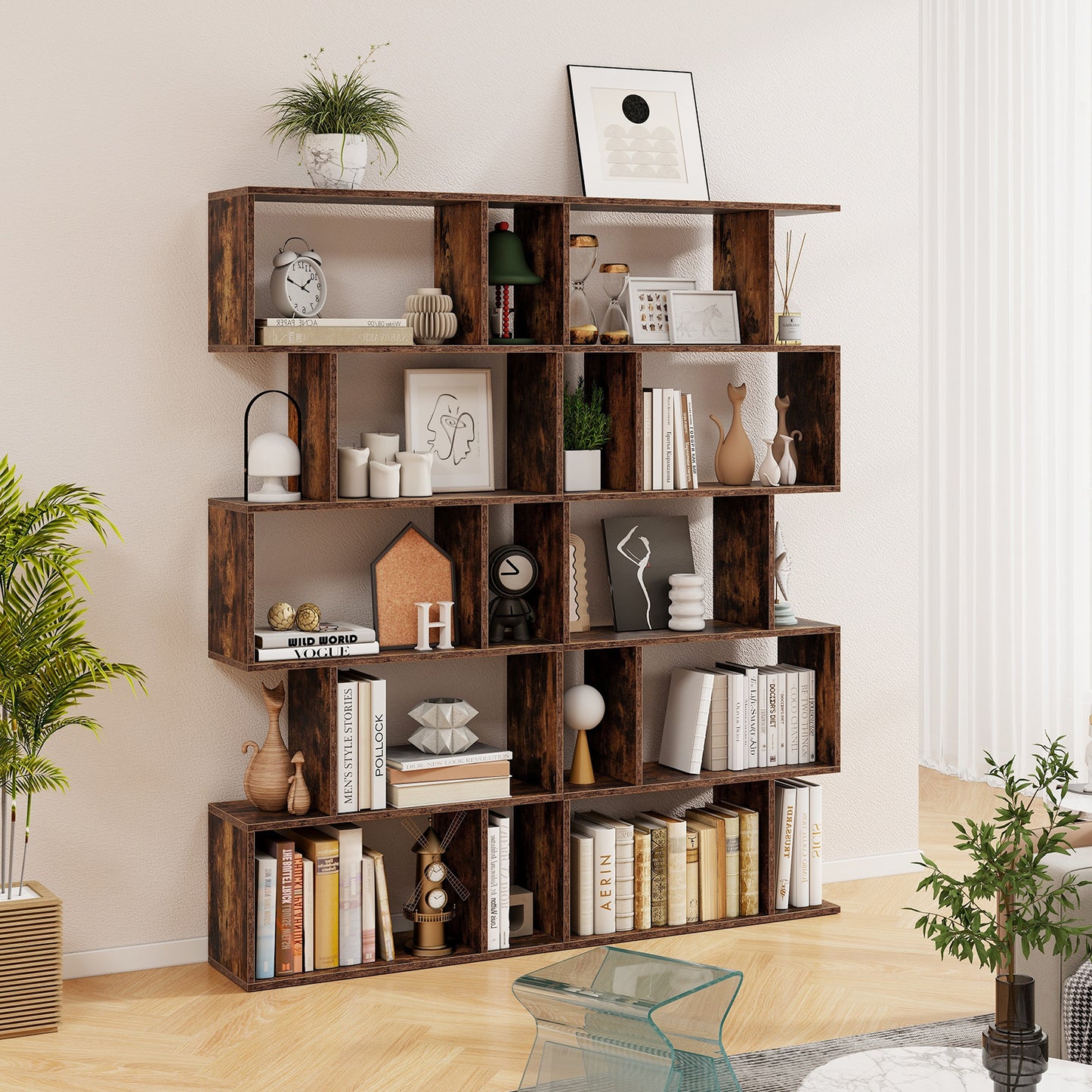 5-Tier Bookshelf with Anti-Toppling Device for Living Room Home Office-Rustic Brown Kids Crystal