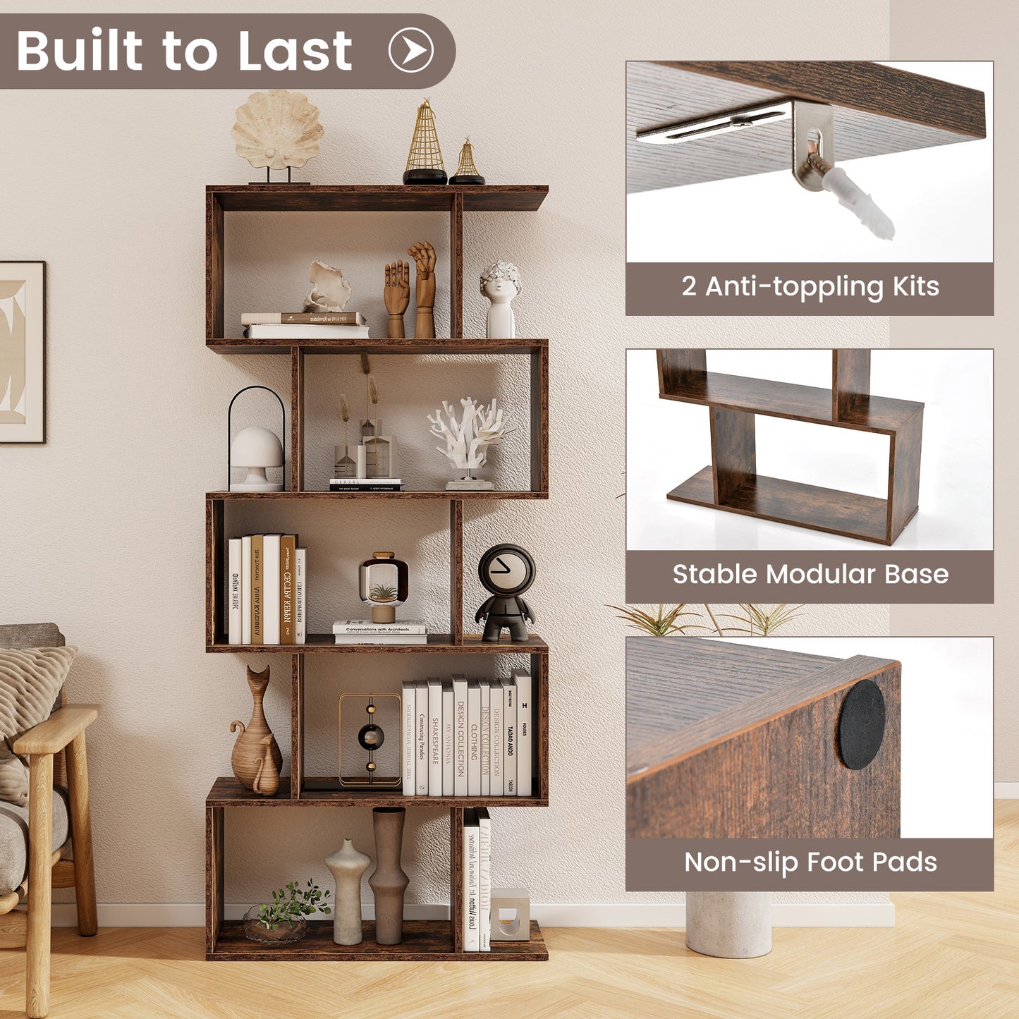 5-Tier Bookshelf with Anti-Toppling Device for Living Room Home Office-Rustic Brown Kids Crystal