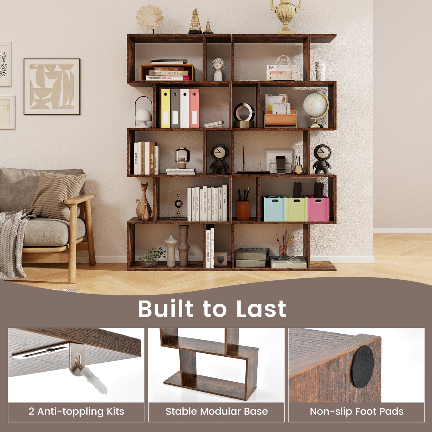 5-Tier Bookshelf with Anti-Toppling Device for Living Room Home Office-Rustic Brown Kids Crystal