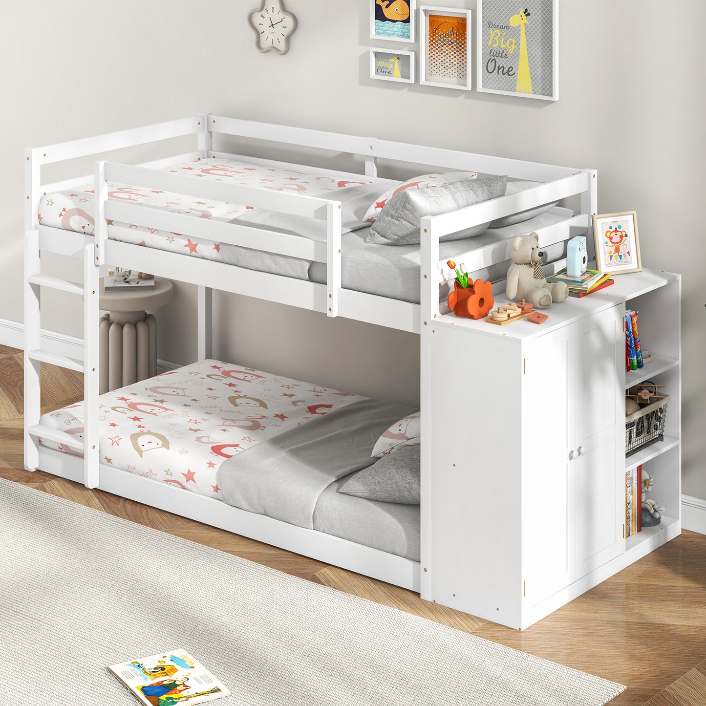Twin Size Bunk Bed with Convertible Bookcase and Ladder-White Kids Crystal