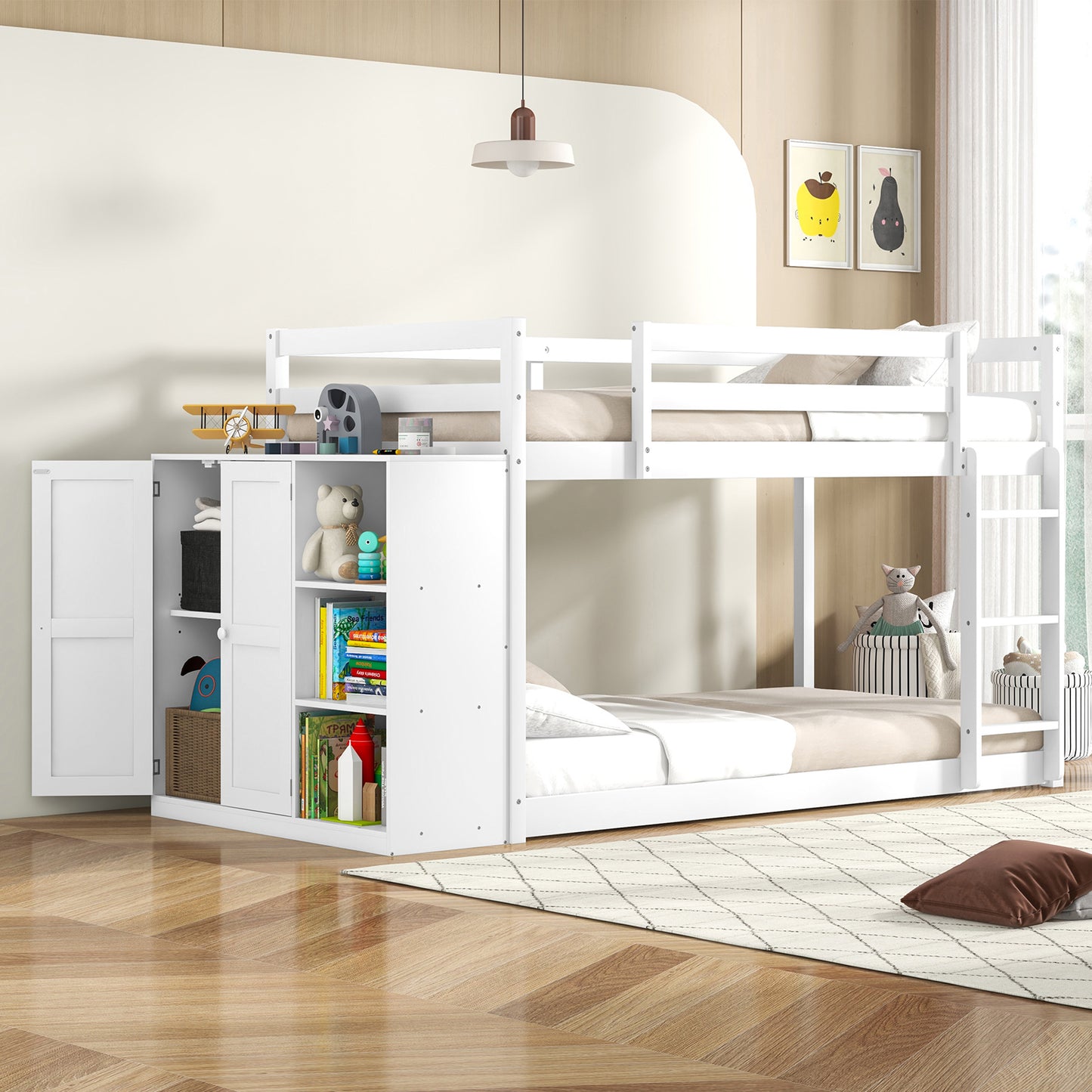Twin Size Bunk Bed with Convertible Bookcase and Ladder-White Kids Crystal