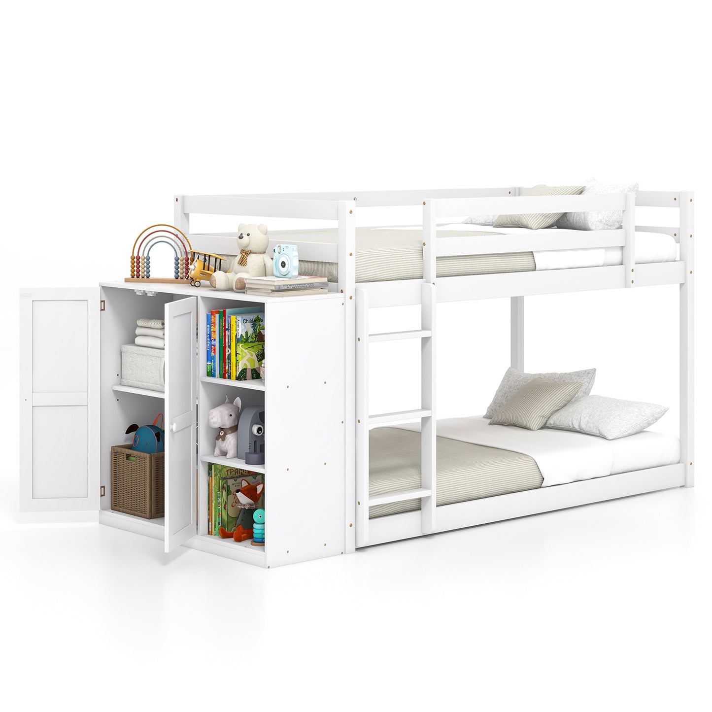 Twin Size Bunk Bed with Convertible Bookcase and Ladder-White Kids Crystal
