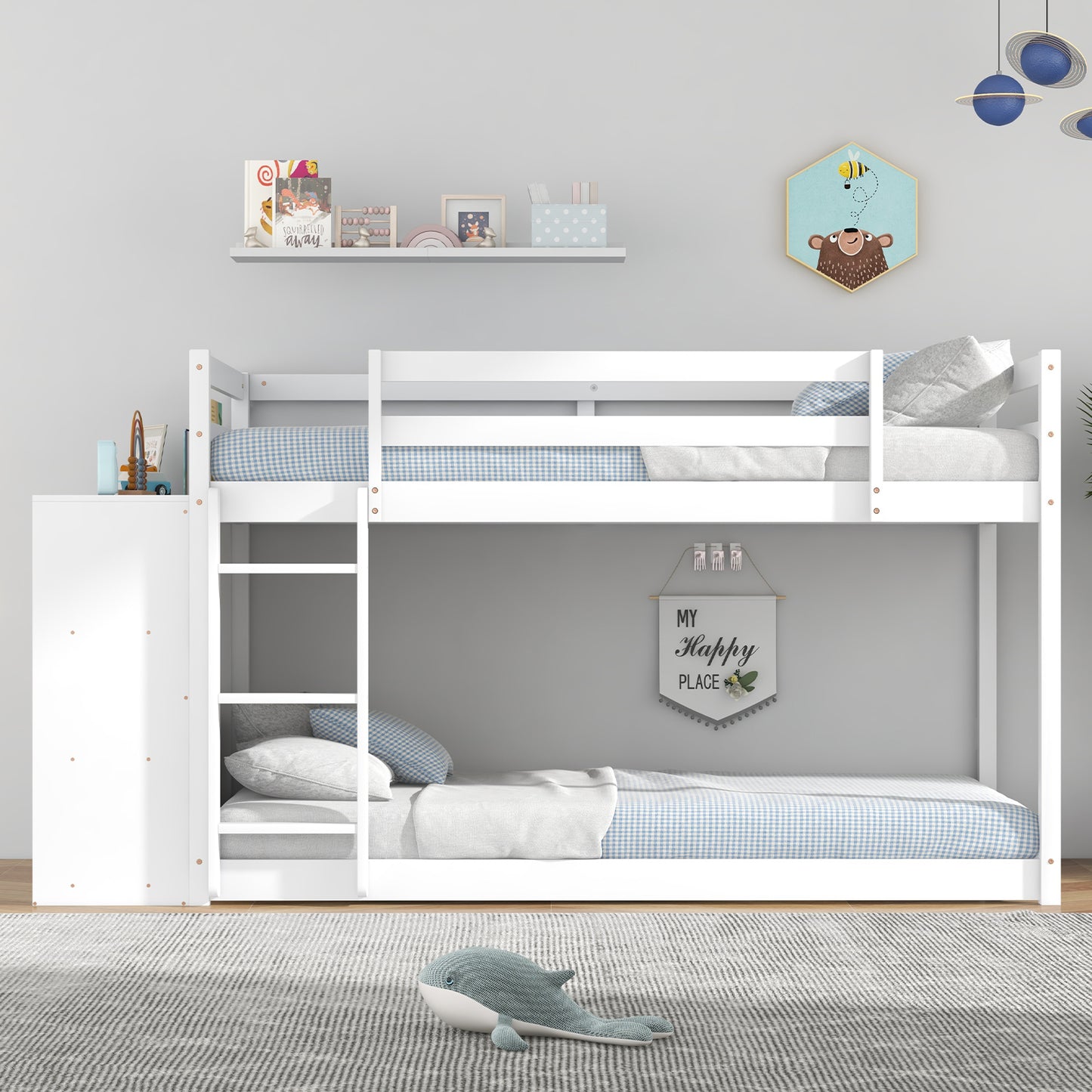 Twin Size Bunk Bed with Convertible Bookcase and Ladder-White Kids Crystal