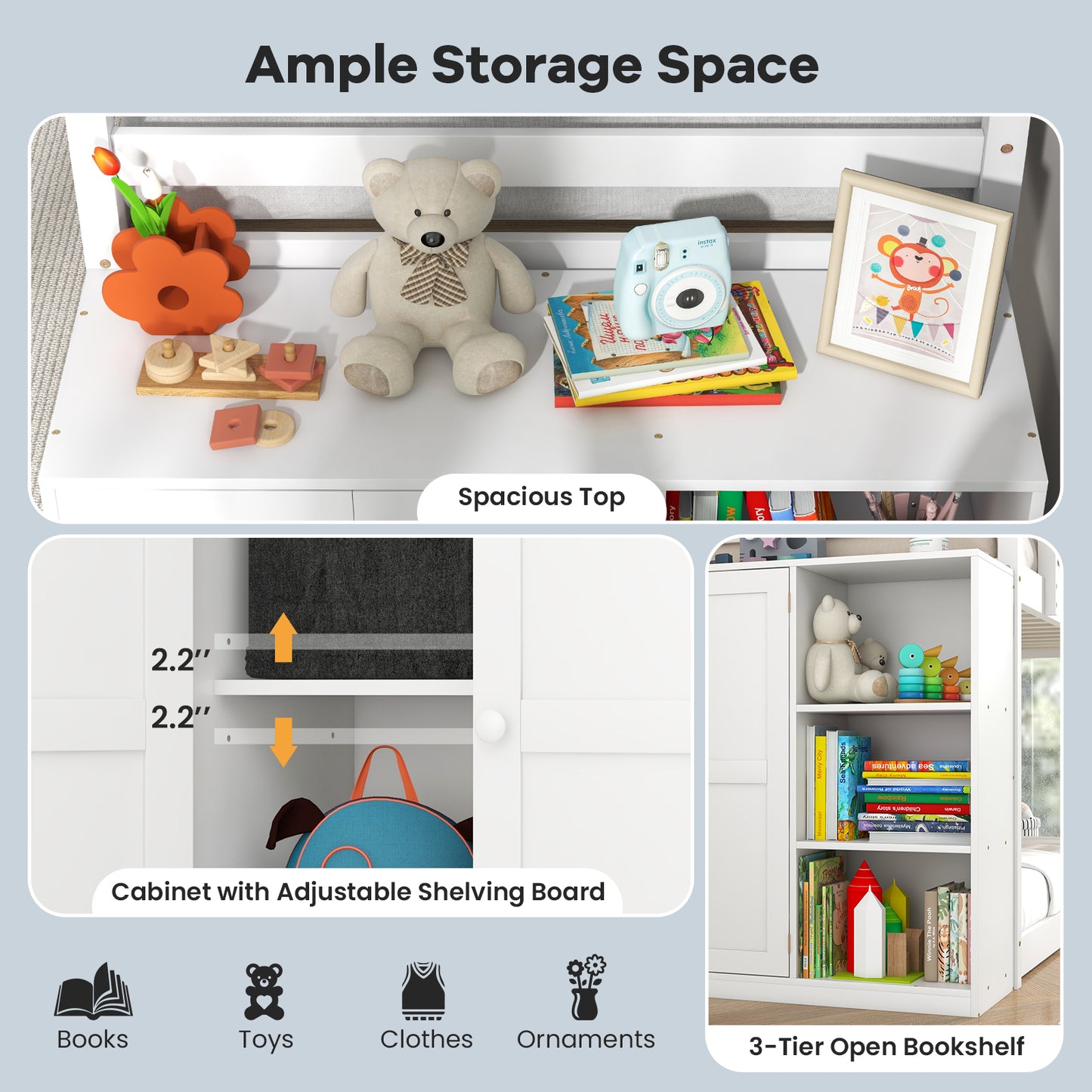 Twin Size Bunk Bed with Convertible Bookcase and Ladder-White Kids Crystal