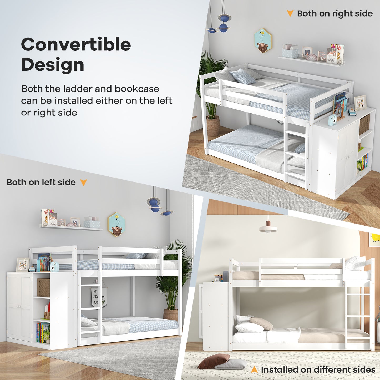 Twin Size Bunk Bed with Convertible Bookcase and Ladder-White Kids Crystal