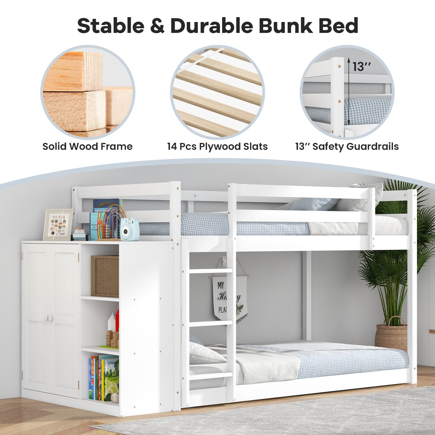 Twin Size Bunk Bed with Convertible Bookcase and Ladder-White Kids Crystal