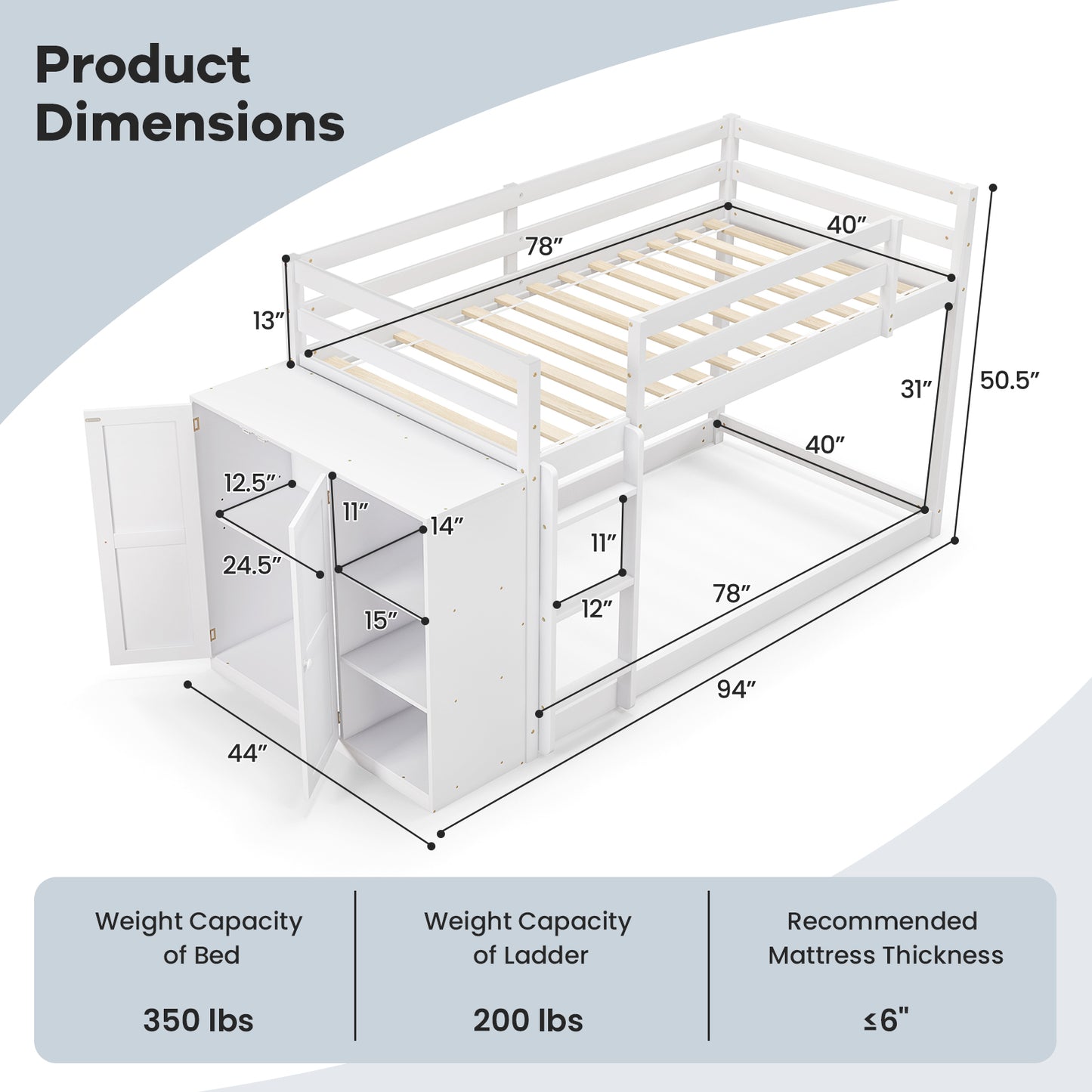 Twin Size Bunk Bed with Convertible Bookcase and Ladder-White Kids Crystal