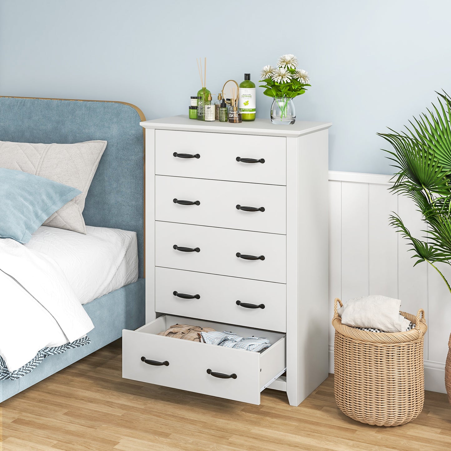 Tall Storage Dresser with 5 Pull-out Drawers for Bedroom Living Room-White Kids Crystal