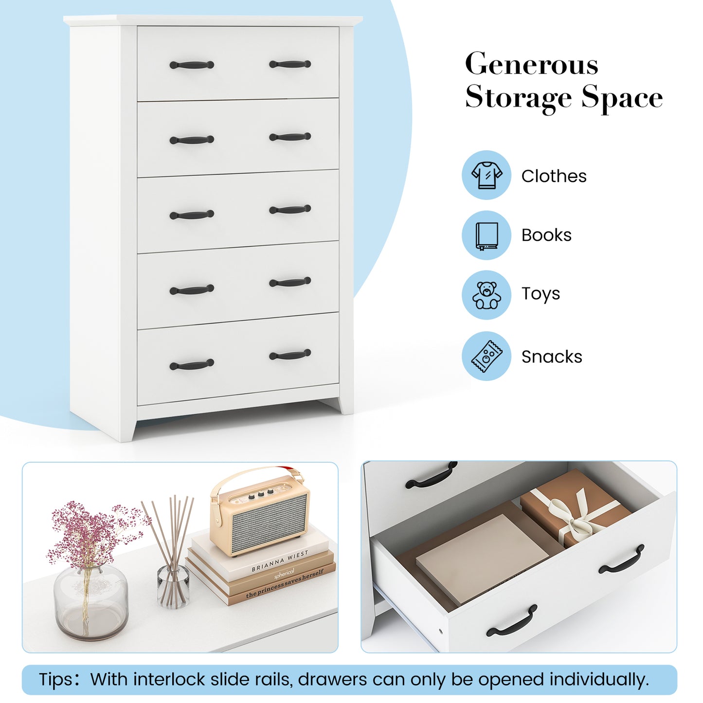 Tall Storage Dresser with 5 Pull-out Drawers for Bedroom Living Room-White Kids Crystal