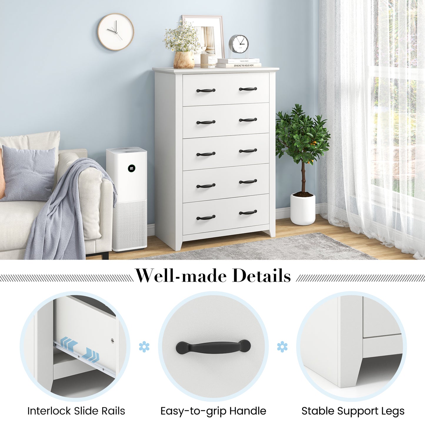 Tall Storage Dresser with 5 Pull-out Drawers for Bedroom Living Room-White Kids Crystal