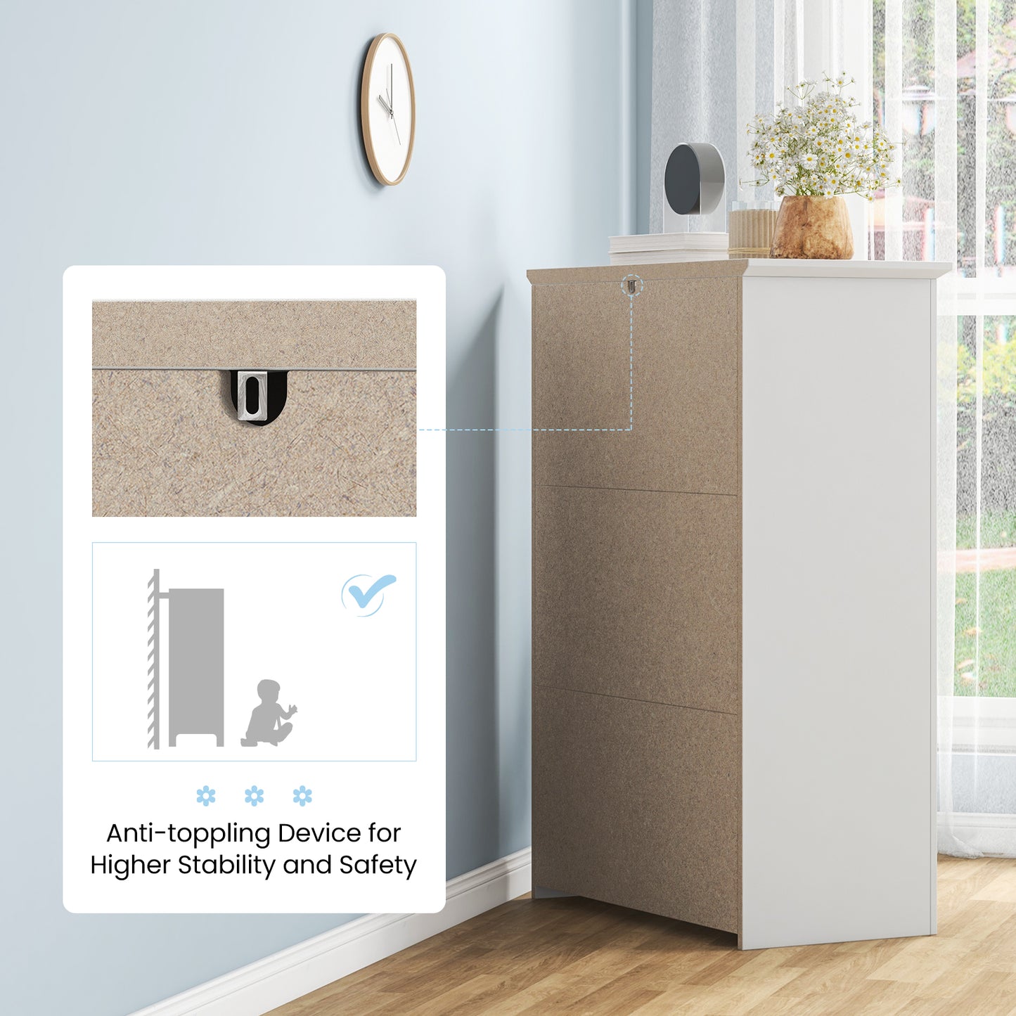 Tall Storage Dresser with 5 Pull-out Drawers for Bedroom Living Room-White Kids Crystal