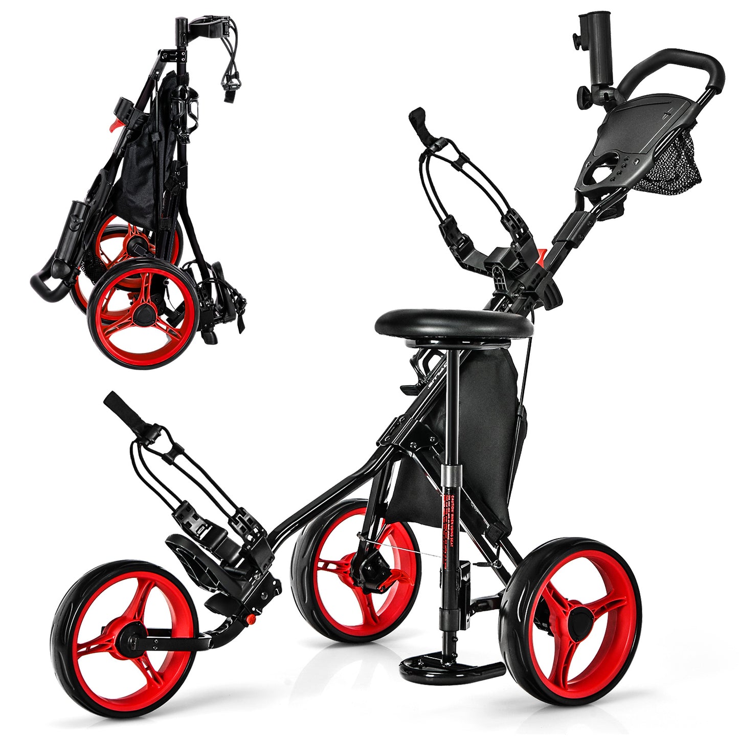 3 Wheels Folding Golf Push Cart with Seat Scoreboard and Adjustable Handle-Red Kids Crystal