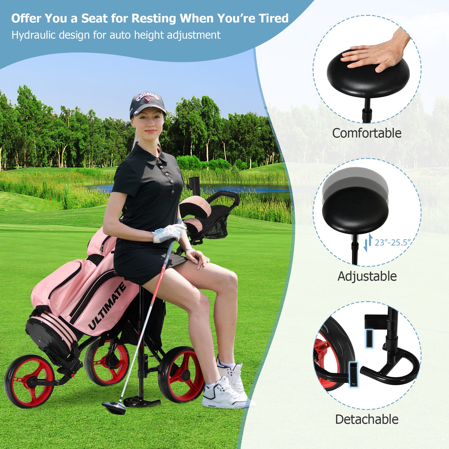 3 Wheels Folding Golf Push Cart with Seat Scoreboard and Adjustable Handle-Red Kids Crystal
