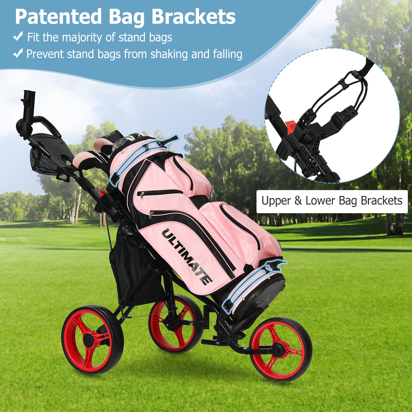3 Wheels Folding Golf Push Cart with Seat Scoreboard and Adjustable Handle-Red Kids Crystal