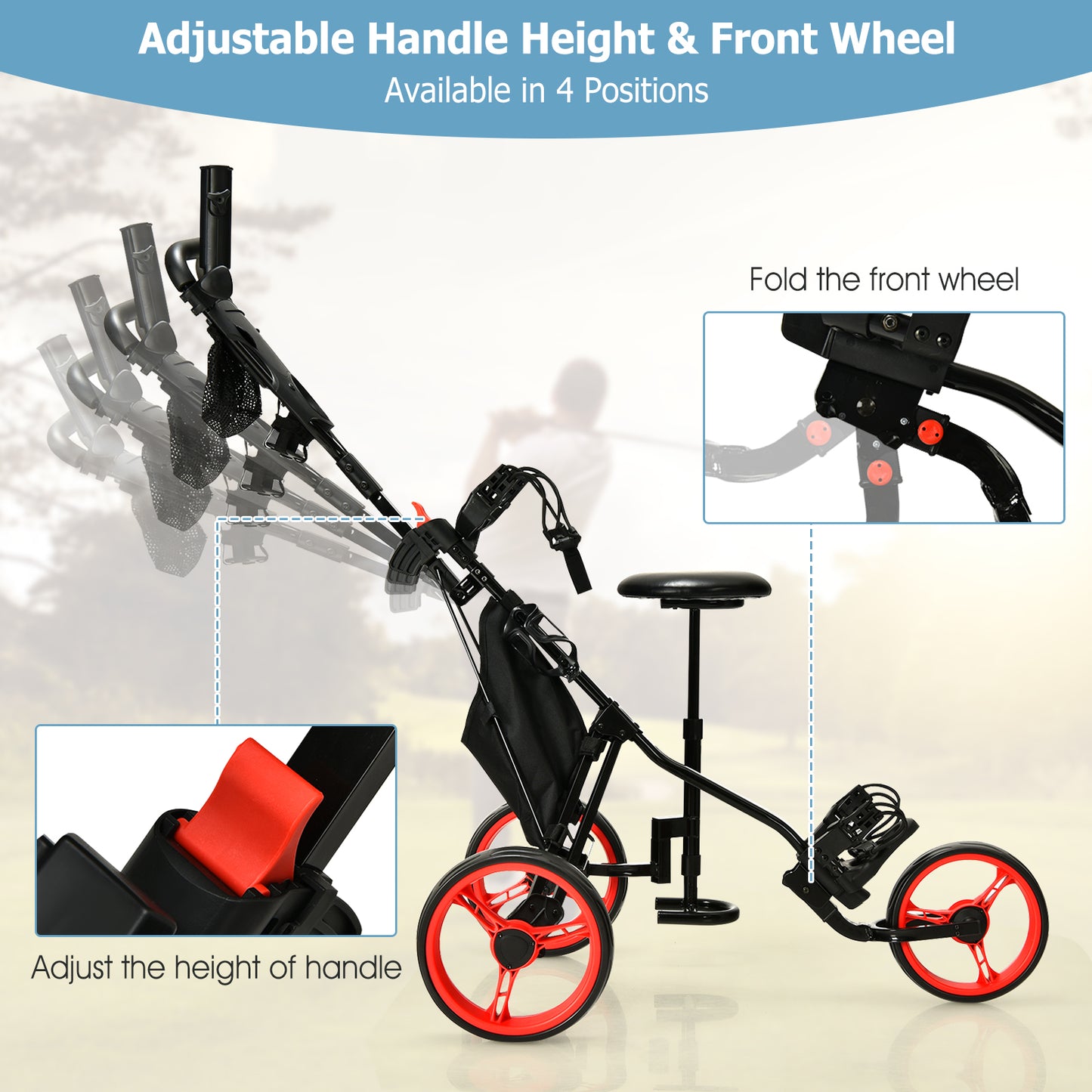 3 Wheels Folding Golf Push Cart with Seat Scoreboard and Adjustable Handle-Red Kids Crystal