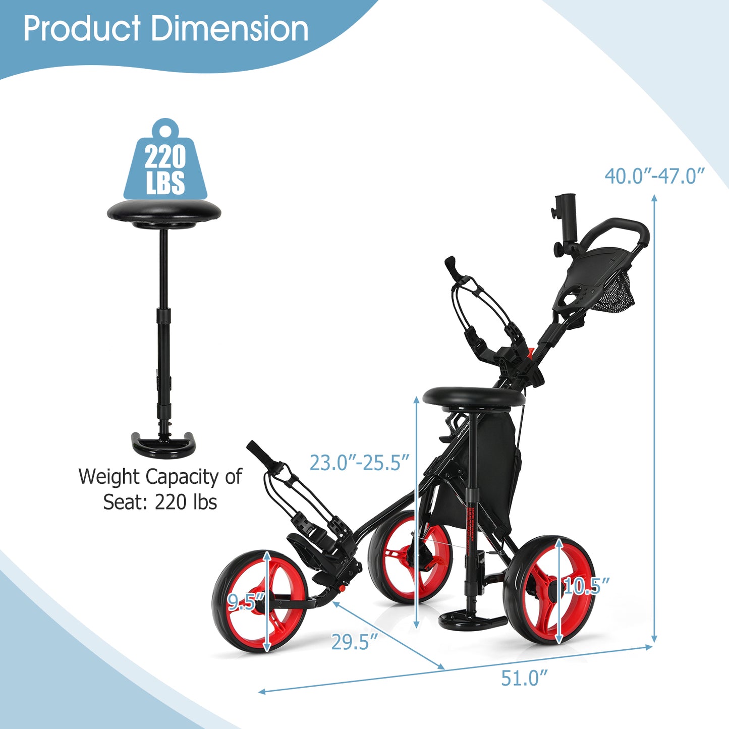 3 Wheels Folding Golf Push Cart with Seat Scoreboard and Adjustable Handle-Red Kids Crystal