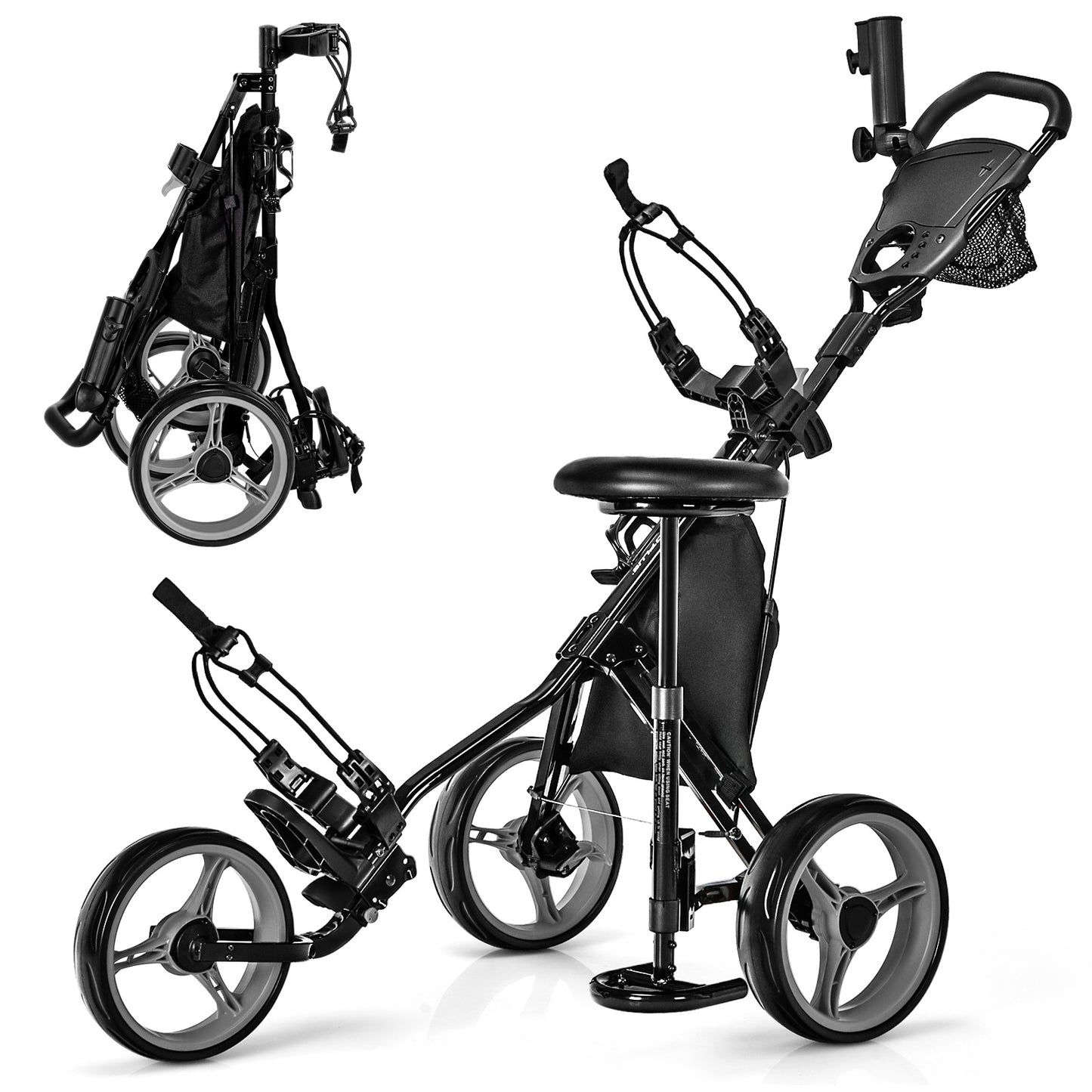 3 Wheels Folding Golf Push Cart with Seat Scoreboard and Adjustable Handle-Gray Kids Crystal