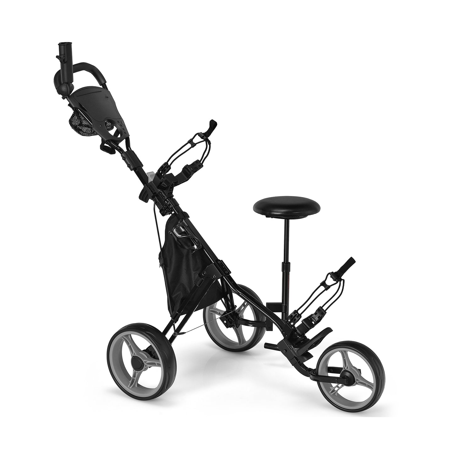 3 Wheels Folding Golf Push Cart with Seat Scoreboard and Adjustable Handle-Gray Kids Crystal