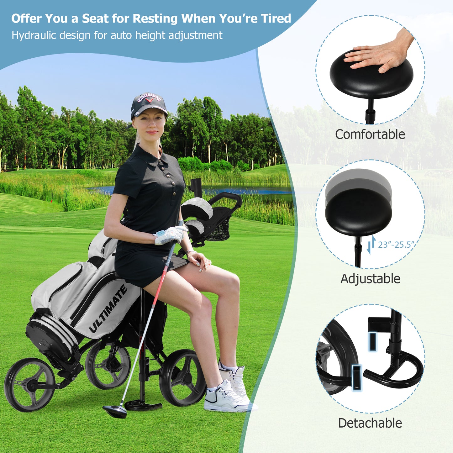 3 Wheels Folding Golf Push Cart with Seat Scoreboard and Adjustable Handle-Gray Kids Crystal
