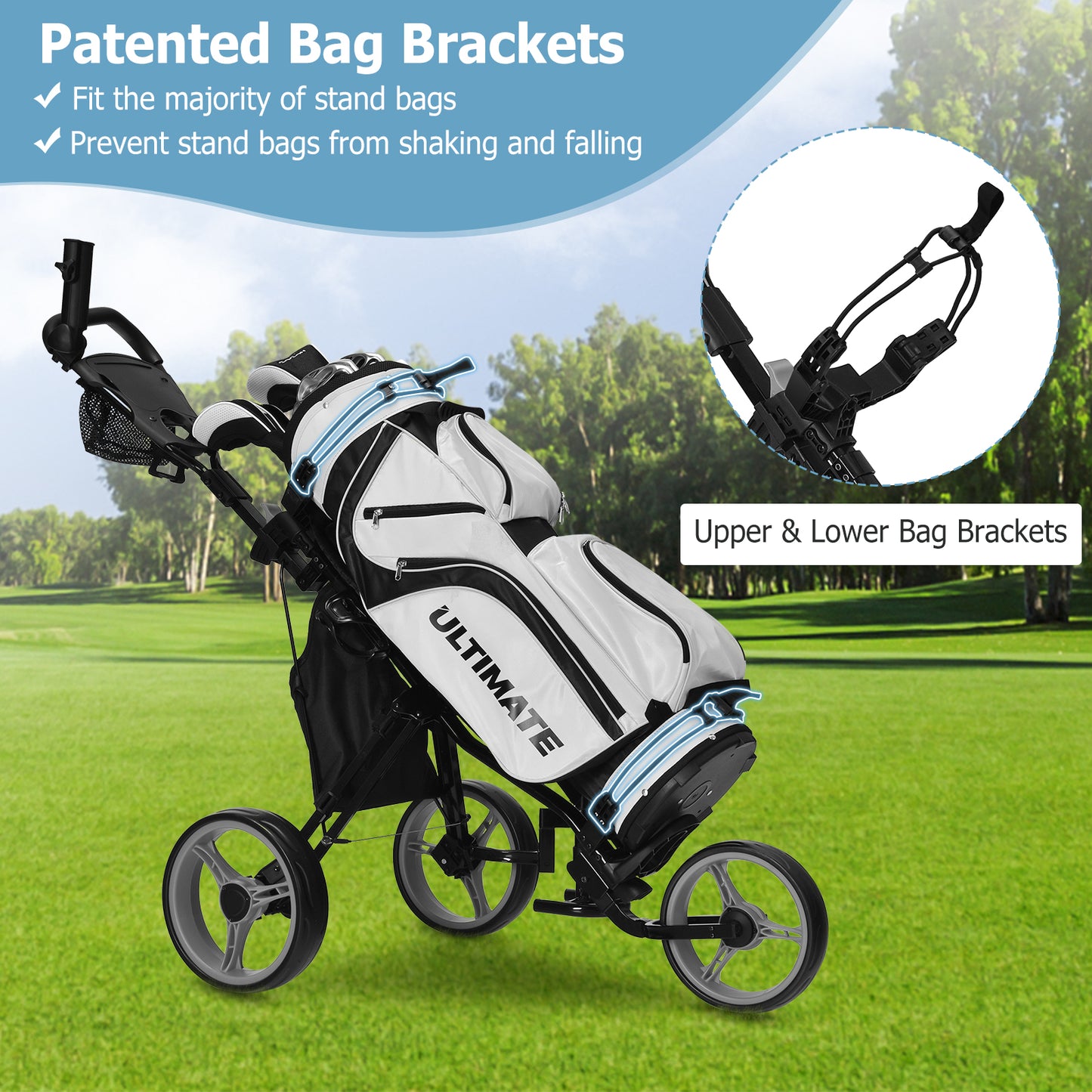 3 Wheels Folding Golf Push Cart with Seat Scoreboard and Adjustable Handle-Gray Kids Crystal