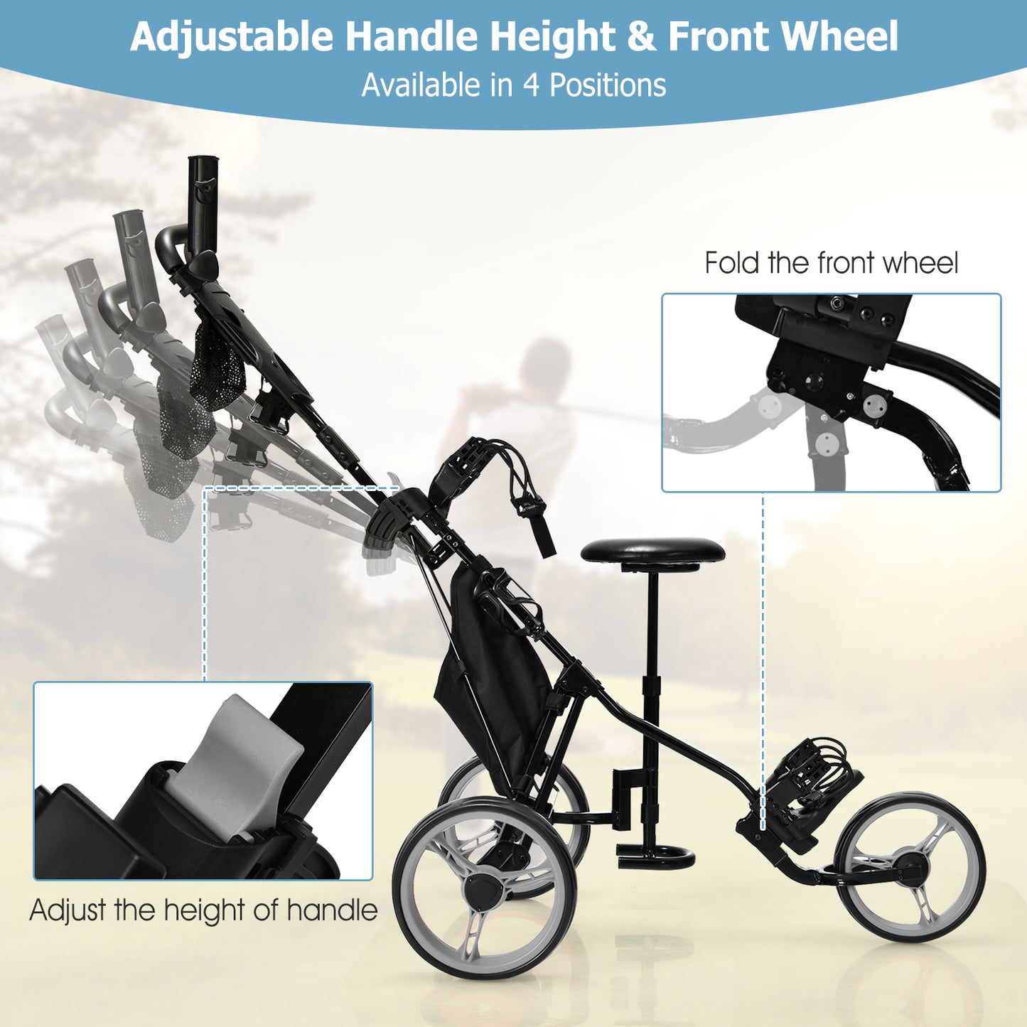 3 Wheels Folding Golf Push Cart with Seat Scoreboard and Adjustable Handle-Gray Kids Crystal