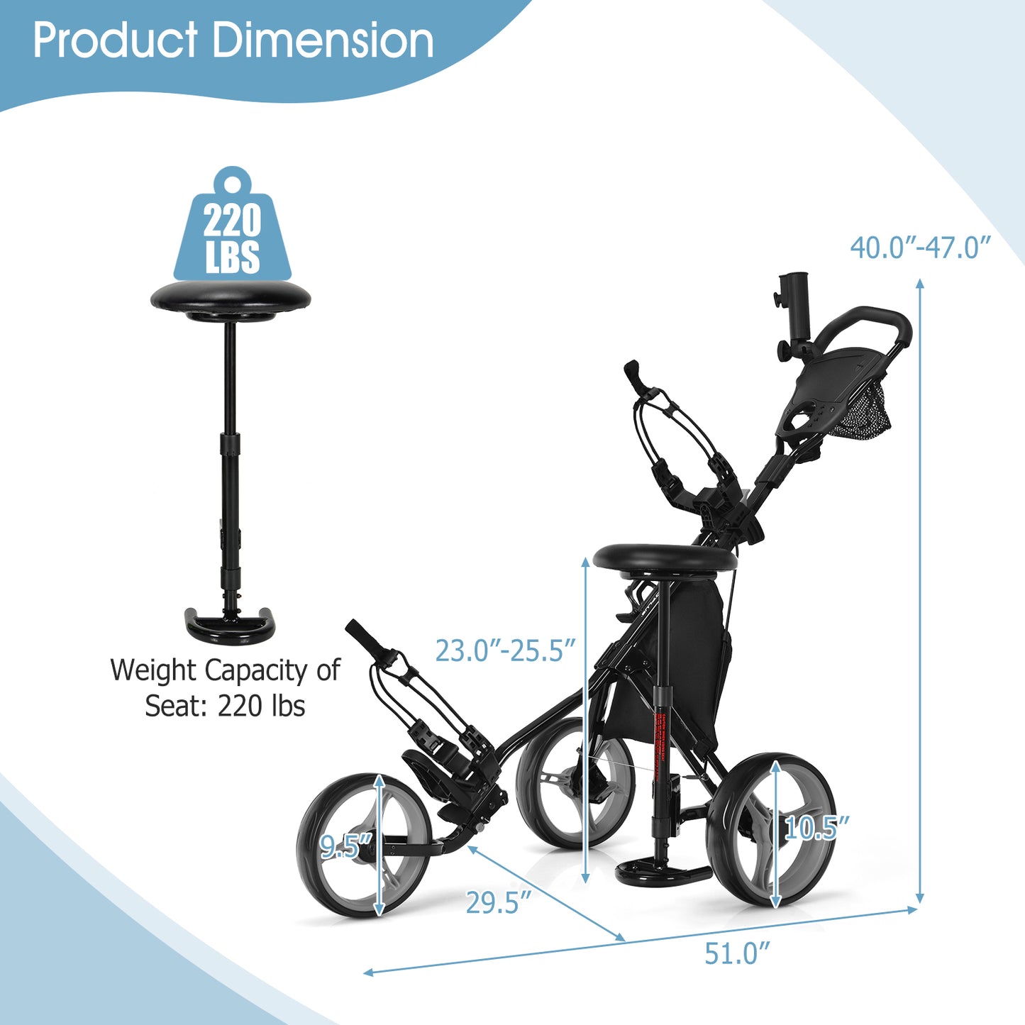 3 Wheels Folding Golf Push Cart with Seat Scoreboard and Adjustable Handle-Gray Kids Crystal