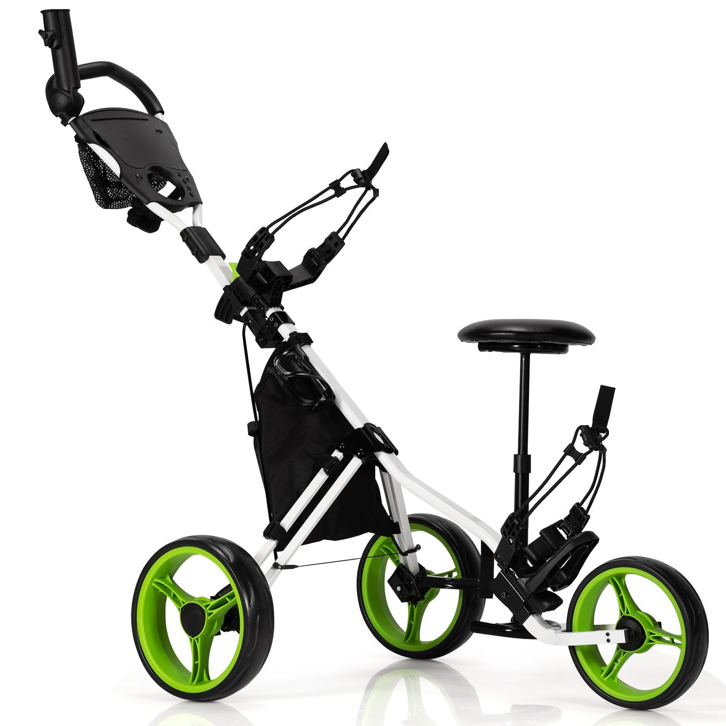3 Wheels Folding Golf Push Cart with Seat Scoreboard and Adjustable Handle-Green Kids Crystal