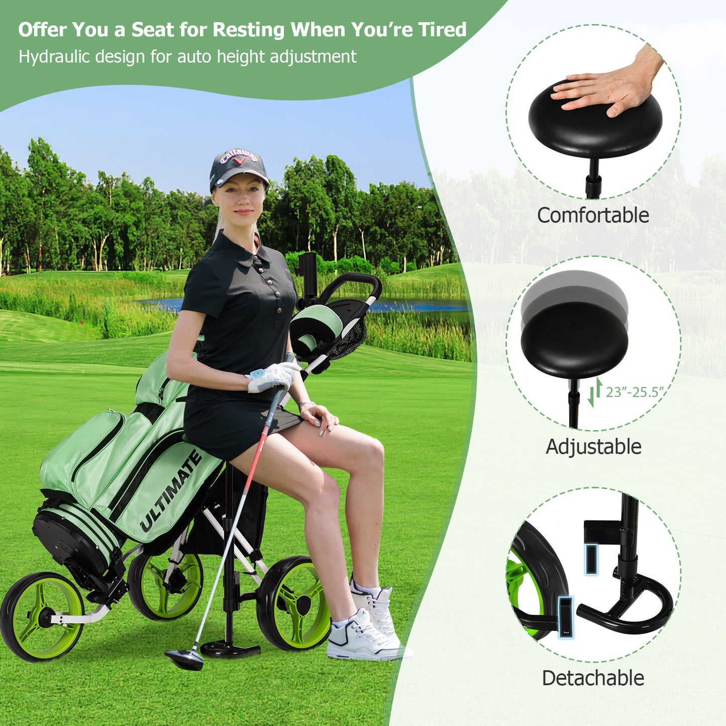 3 Wheels Folding Golf Push Cart with Seat Scoreboard and Adjustable Handle-Green Kids Crystal