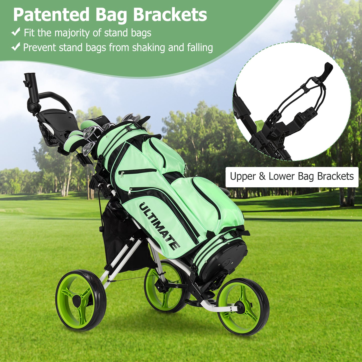 3 Wheels Folding Golf Push Cart with Seat Scoreboard and Adjustable Handle-Green Kids Crystal