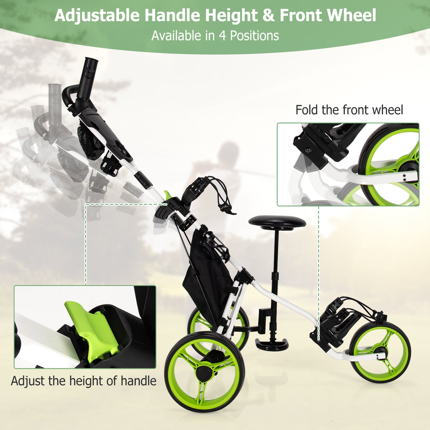 3 Wheels Folding Golf Push Cart with Seat Scoreboard and Adjustable Handle-Green Kids Crystal