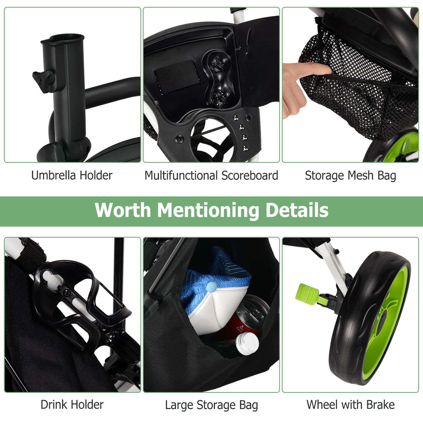 3 Wheels Folding Golf Push Cart with Seat Scoreboard and Adjustable Handle-Green Kids Crystal