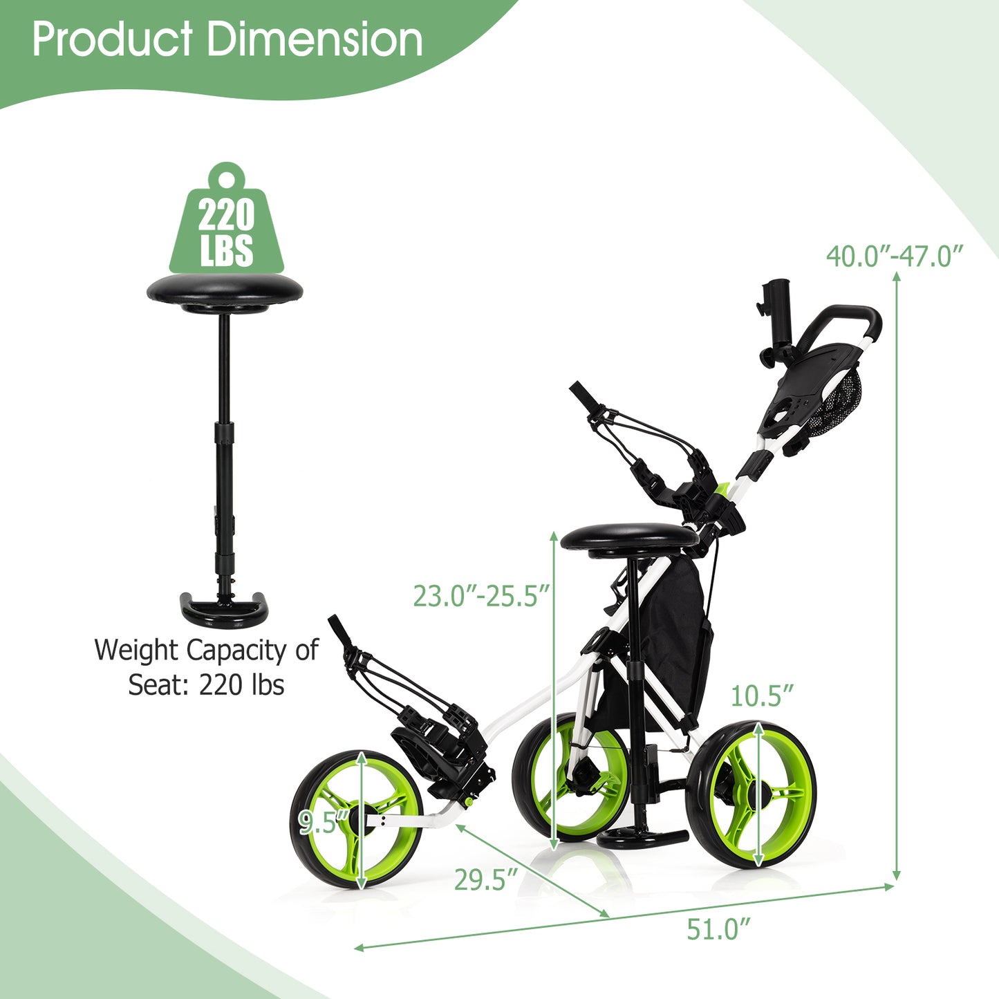3 Wheels Folding Golf Push Cart with Seat Scoreboard and Adjustable Handle-Green Kids Crystal