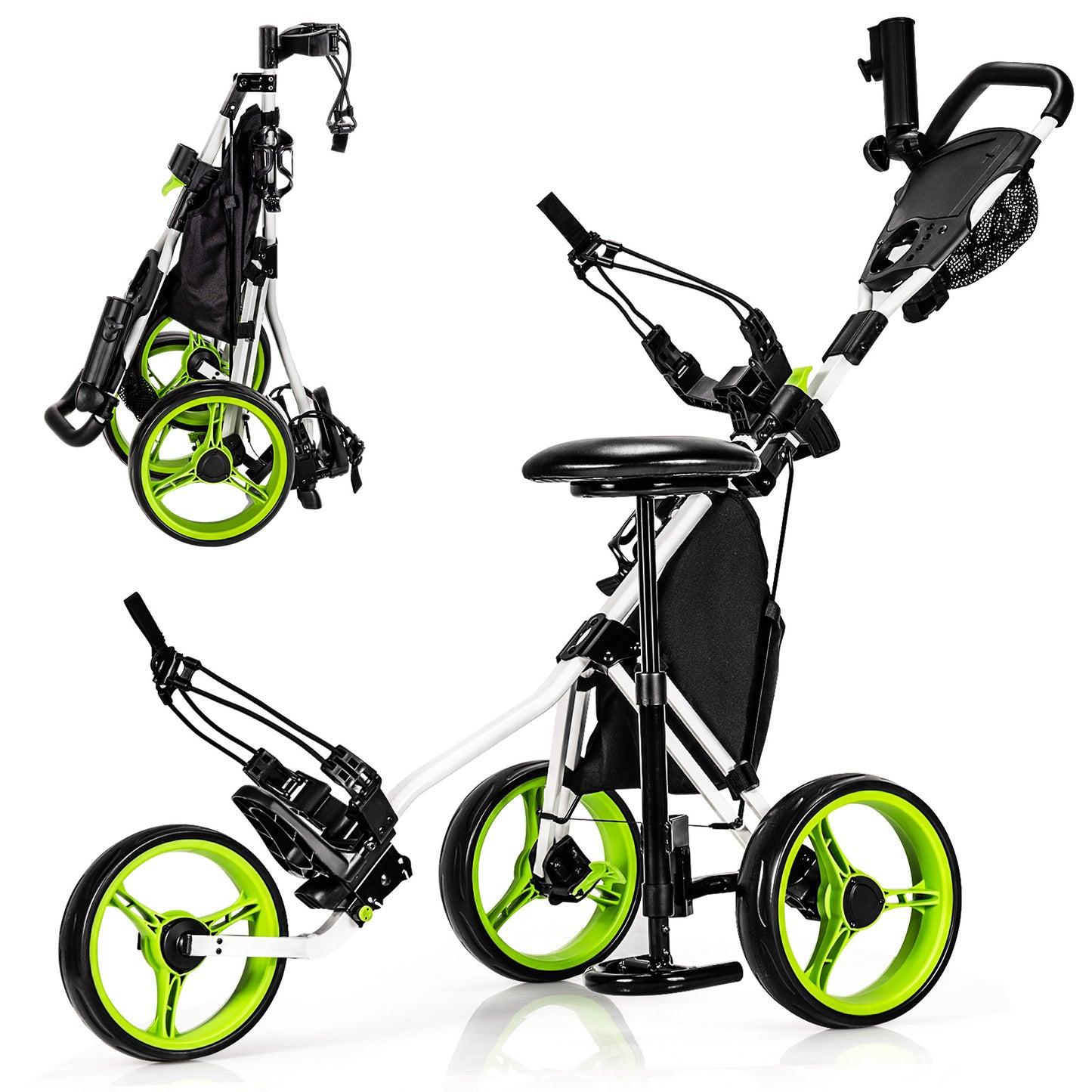 3 Wheels Folding Golf Push Cart with Seat Scoreboard and Adjustable Handle-Green Kids Crystal