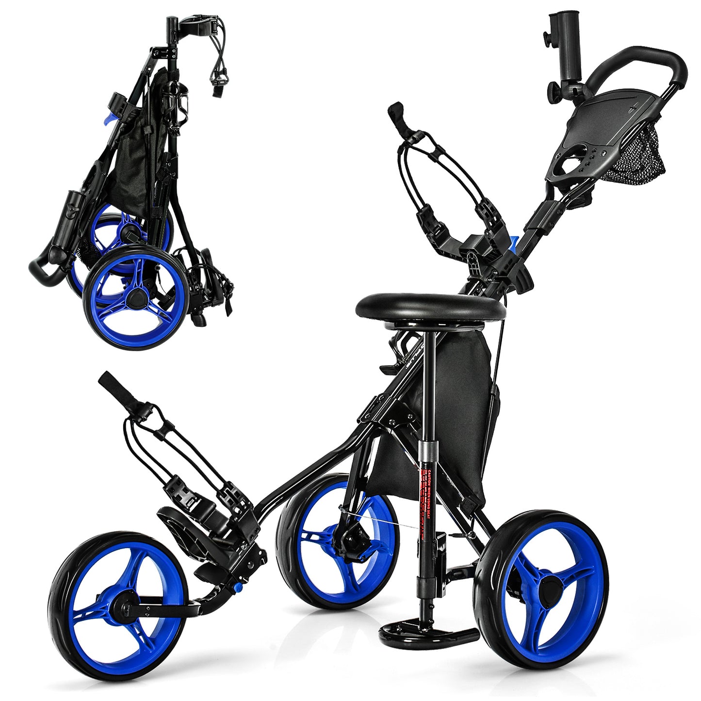 3 Wheels Folding Golf Push Cart with Seat Scoreboard and Adjustable Handle-Blue Kids Crystal