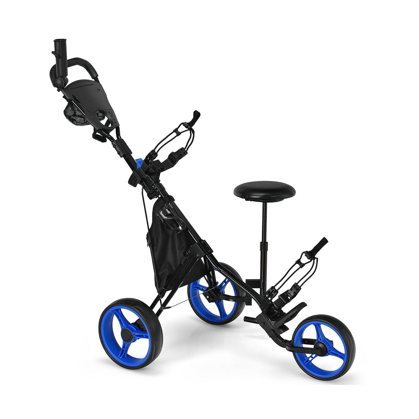 3 Wheels Folding Golf Push Cart with Seat Scoreboard and Adjustable Handle-Blue Kids Crystal