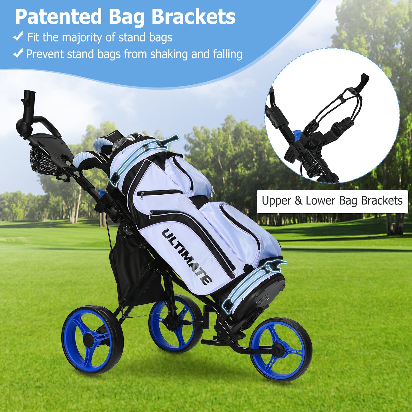 3 Wheels Folding Golf Push Cart with Seat Scoreboard and Adjustable Handle-Blue Kids Crystal