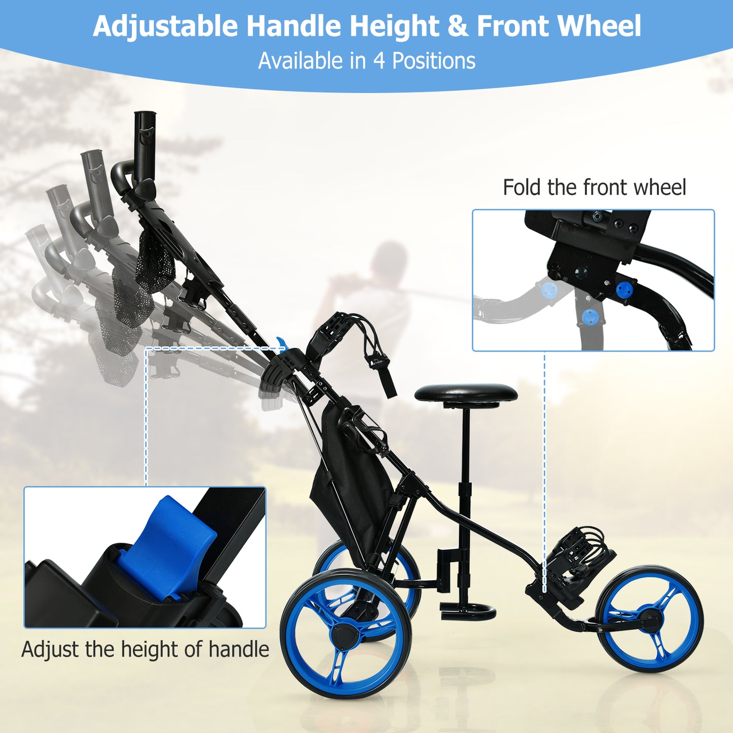 3 Wheels Folding Golf Push Cart with Seat Scoreboard and Adjustable Handle-Blue Kids Crystal