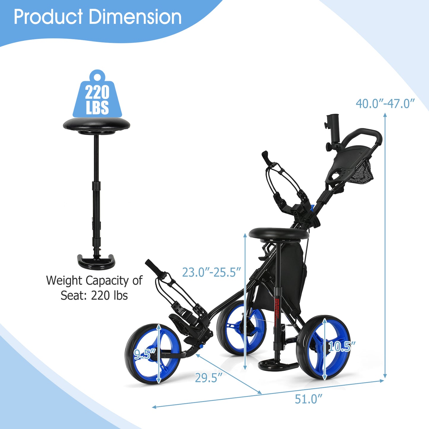 3 Wheels Folding Golf Push Cart with Seat Scoreboard and Adjustable Handle-Blue Kids Crystal
