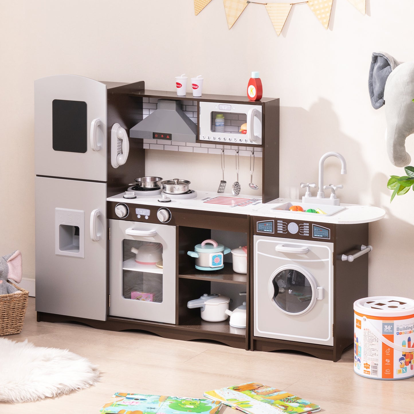 Corner Toy Kitchen Set with Light with Sounds Interactive-Dark Brown Kids Crystal