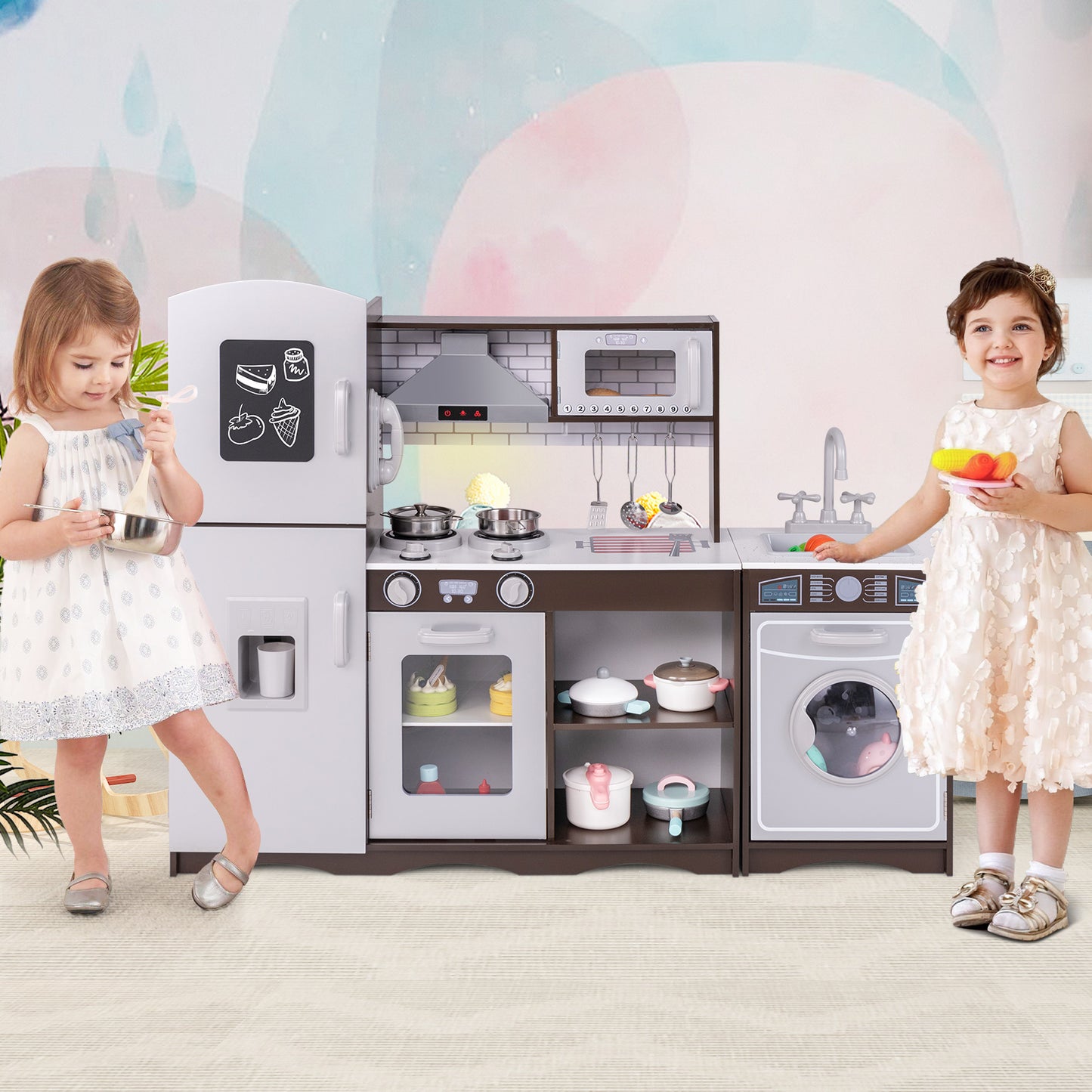 Corner Toy Kitchen Set with Light with Sounds Interactive-Dark Brown Kids Crystal