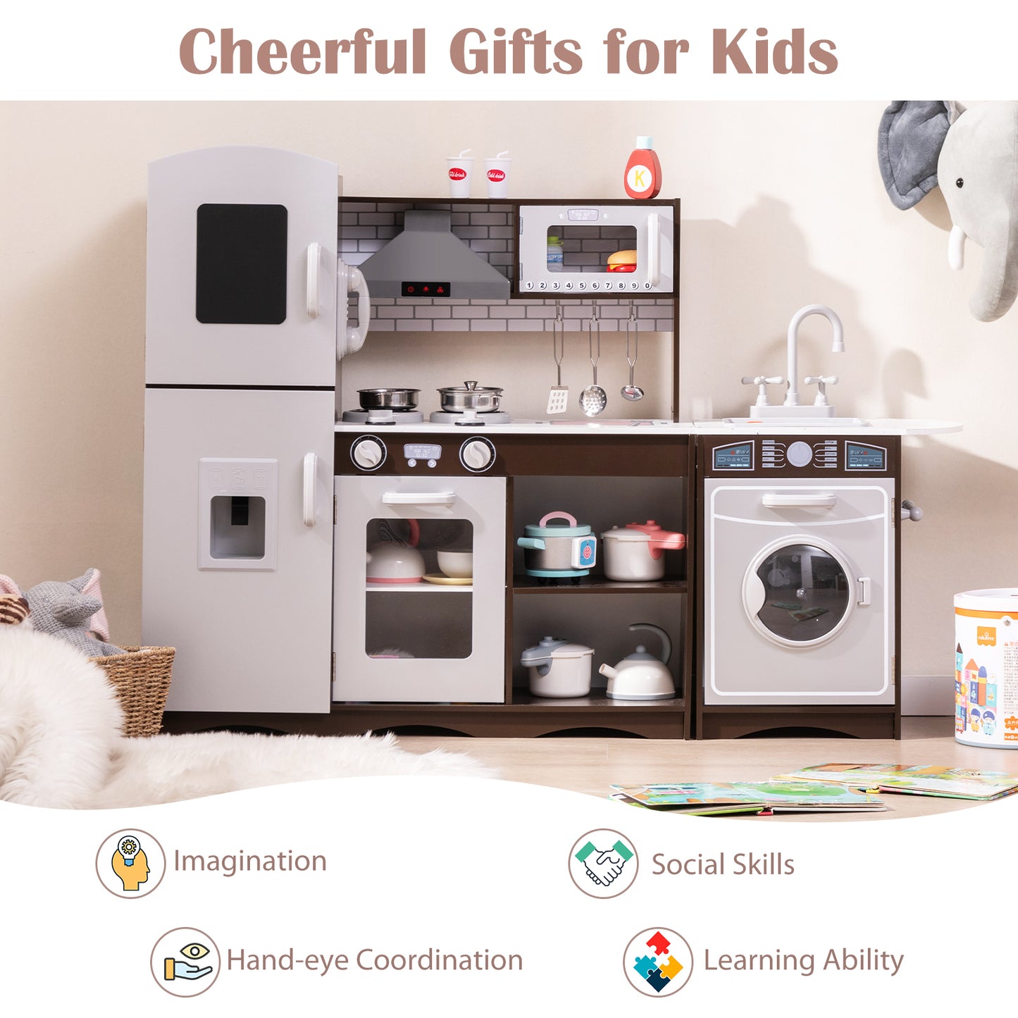 Corner Toy Kitchen Set with Light with Sounds Interactive-Dark Brown Kids Crystal