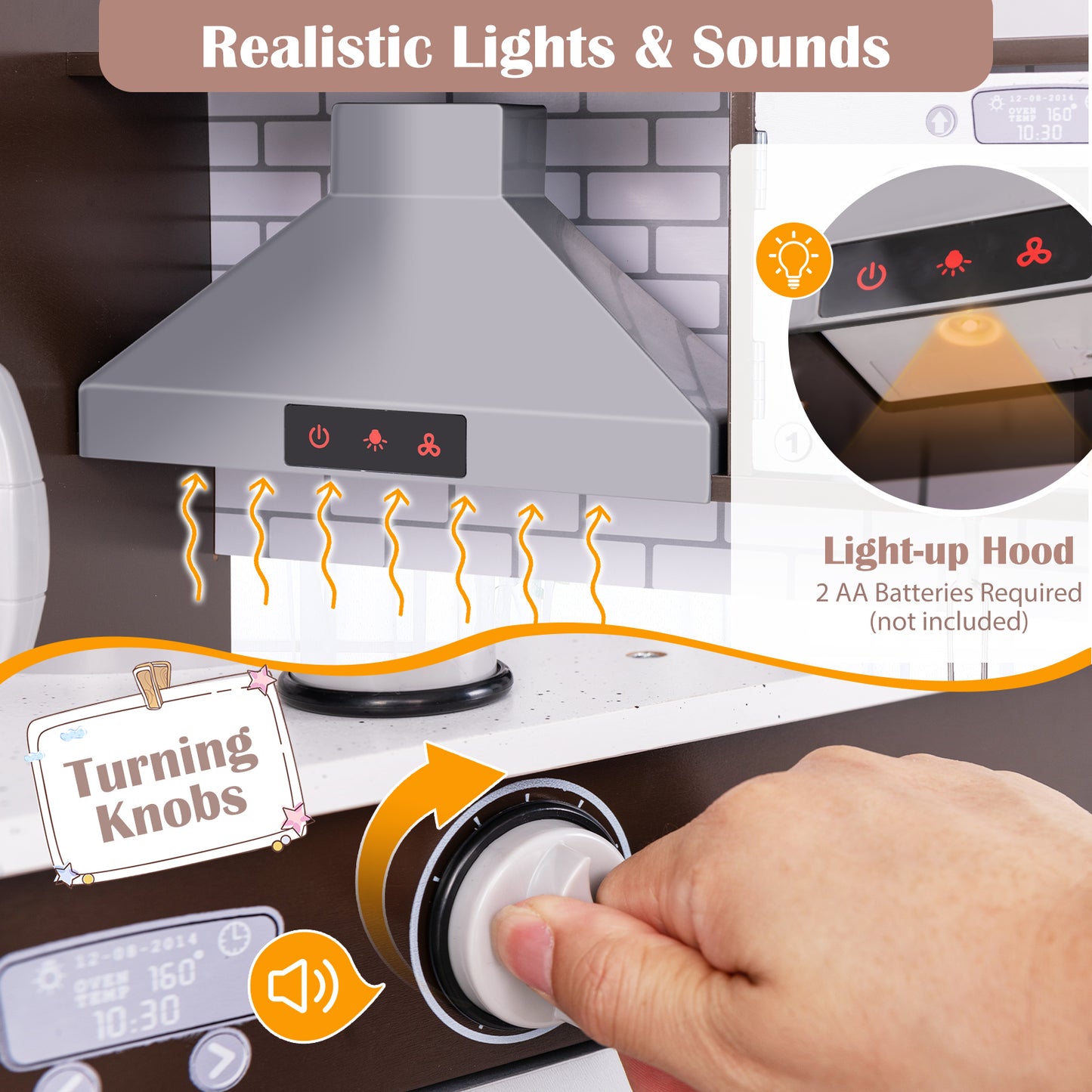 Corner Toy Kitchen Set with Light with Sounds Interactive-Dark Brown Kids Crystal