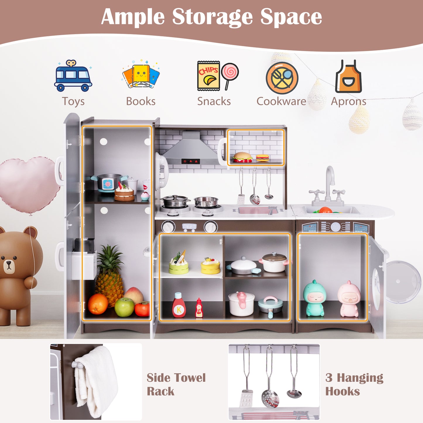 Corner Toy Kitchen Set with Light with Sounds Interactive-Dark Brown Kids Crystal