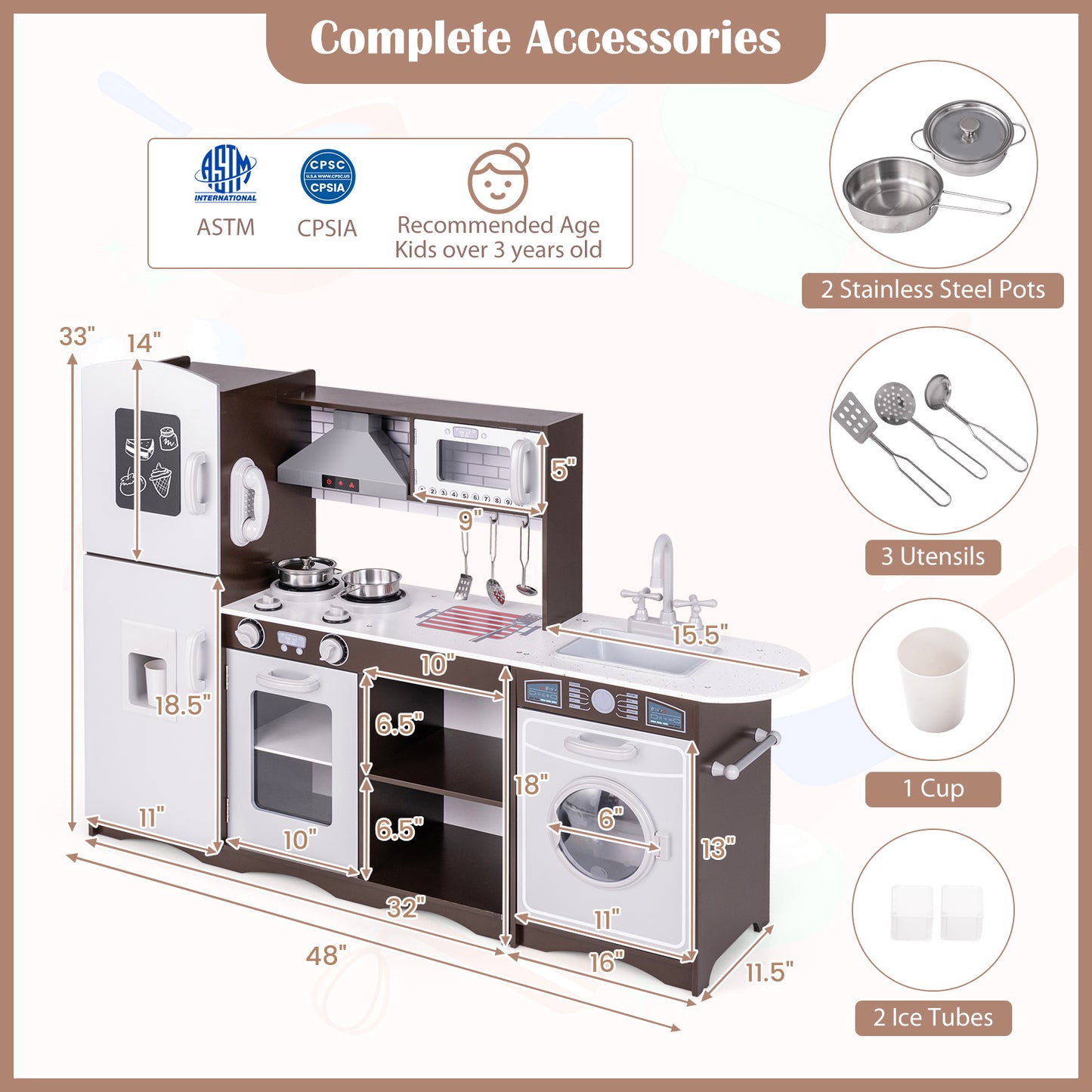 Corner Toy Kitchen Set with Light with Sounds Interactive-Dark Brown Kids Crystal