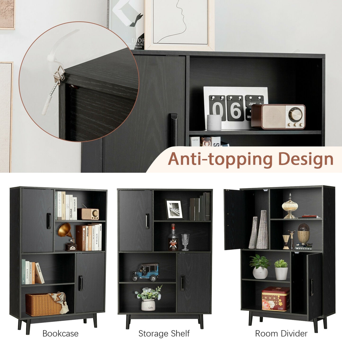 Sideboard Storage Cabinet with Door Shelf-Black Kids Crystal