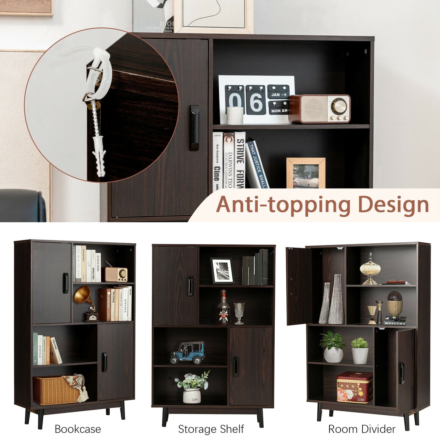 Sideboard Storage Cabinet with Door Shelf-Espresso Kids Crystal