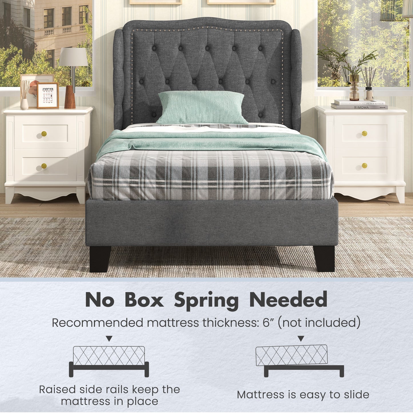 Twin Size Bed Frame with Button Tufted Wingback Headboard and Storage Space-Gray Kids Crystal