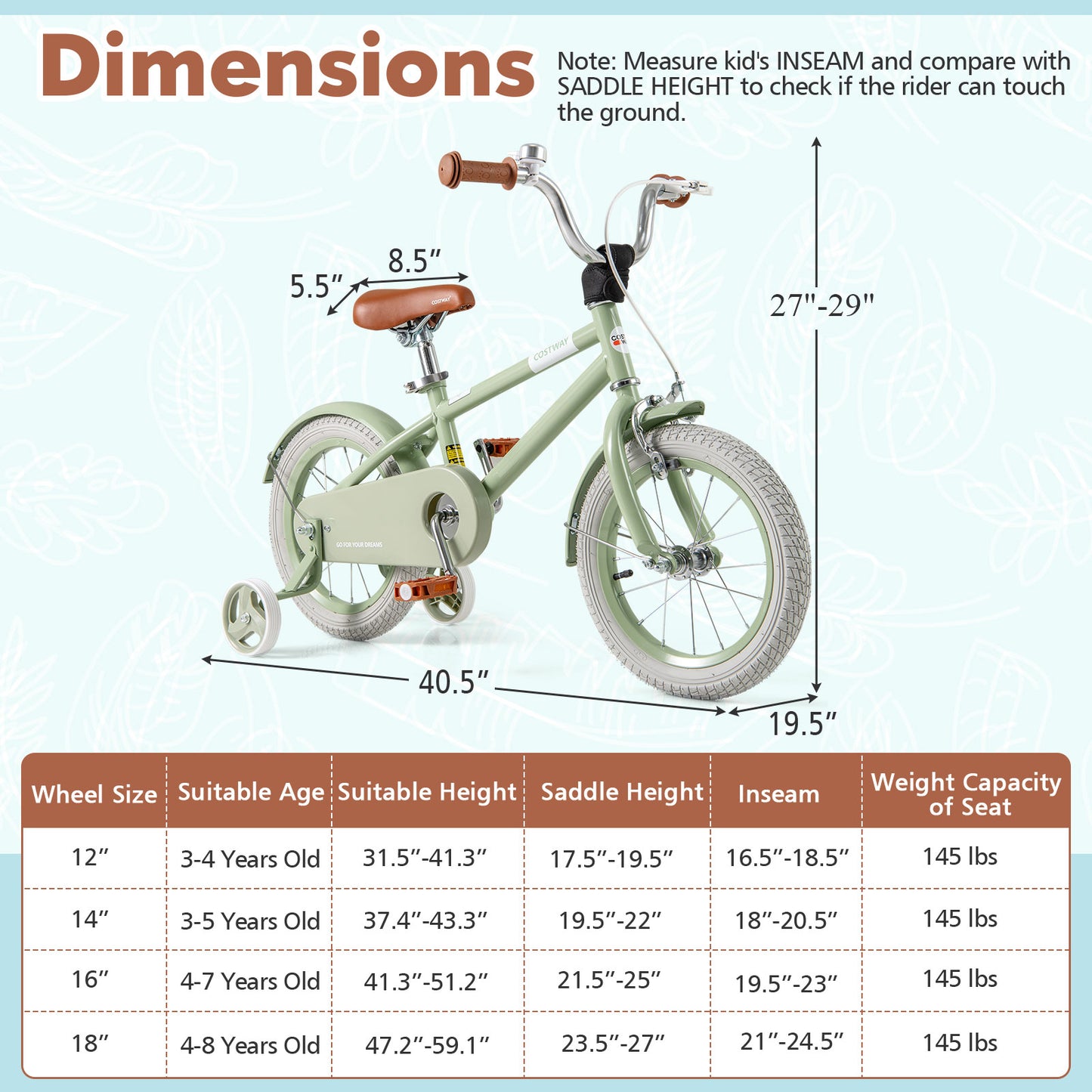 Kids Bike with Adjustable Handlebar and Saddle Green-14 Inches Kids Crystal